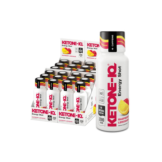 Ketone-IQ frontal del envase Raspberry Lemonade mostrando beneficios de energía limpia
