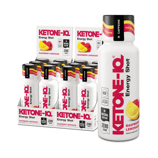 Ketone-IQ shot frontal del envase mostrando el sabor frambuesa-limonada y beneficio energético