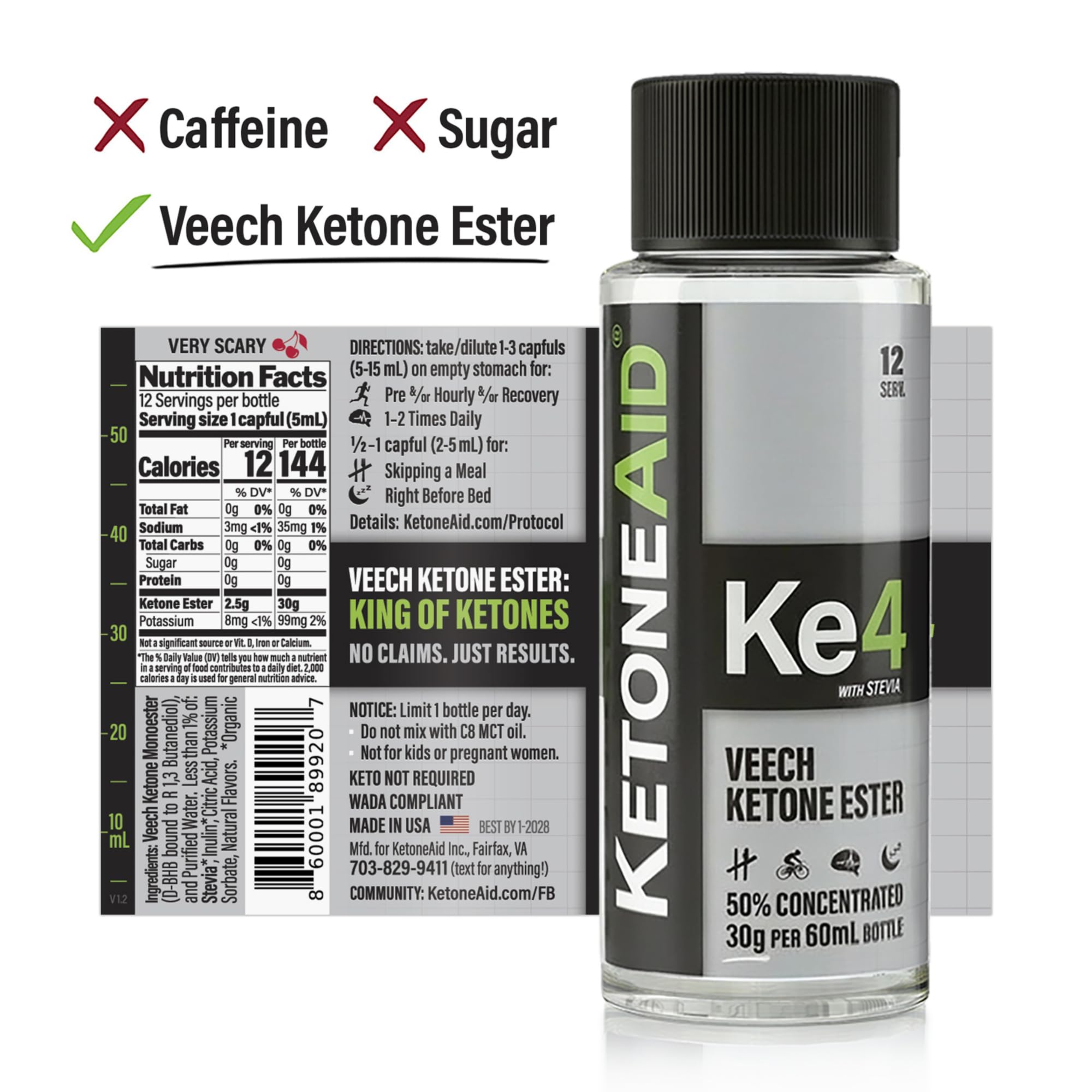 KetoneAid Ke4 etiqueta en primer plano resaltando ingredientes y seguridad