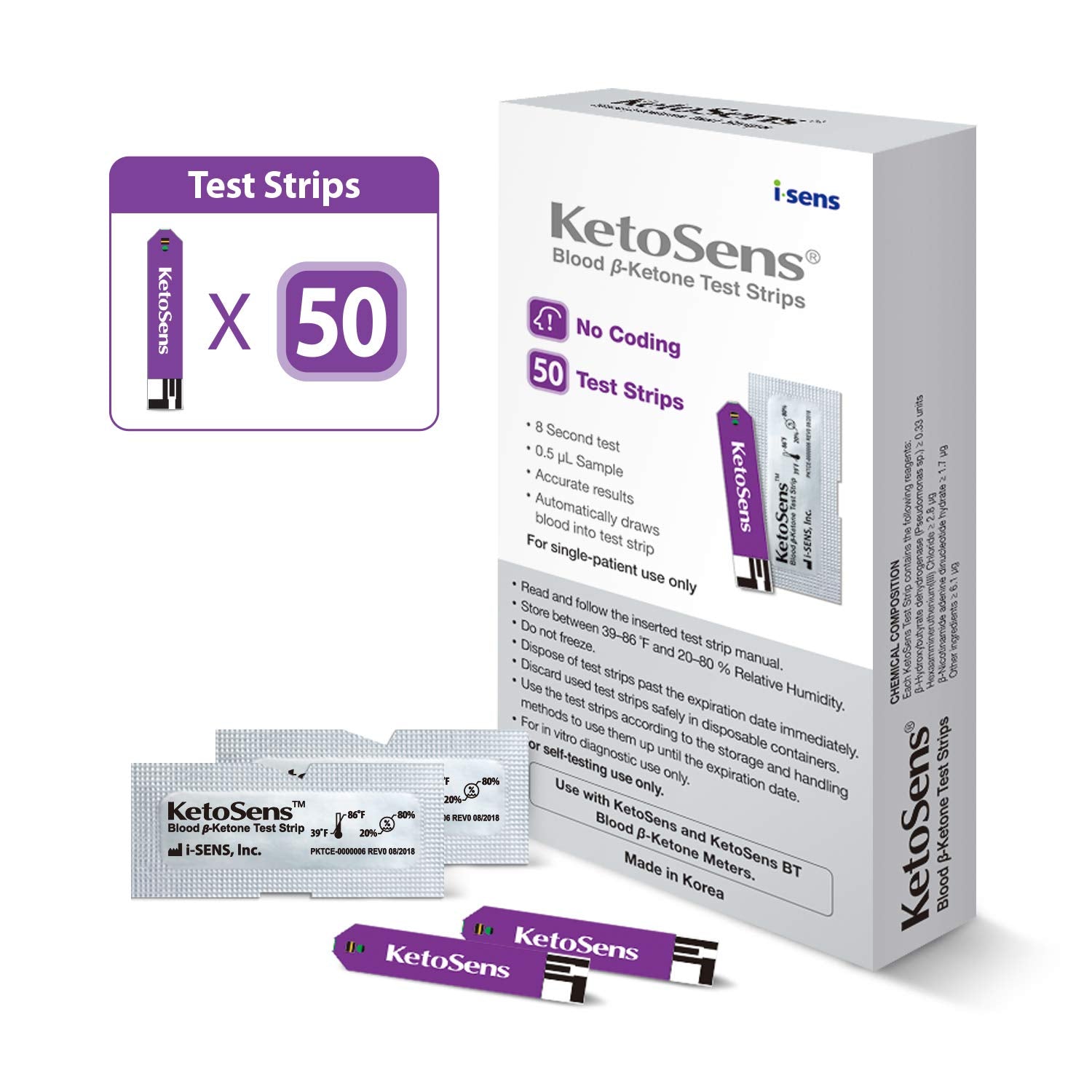 KetoSens imagen frontal del paquete con 50 tiras, beneficio: suministro prolongado