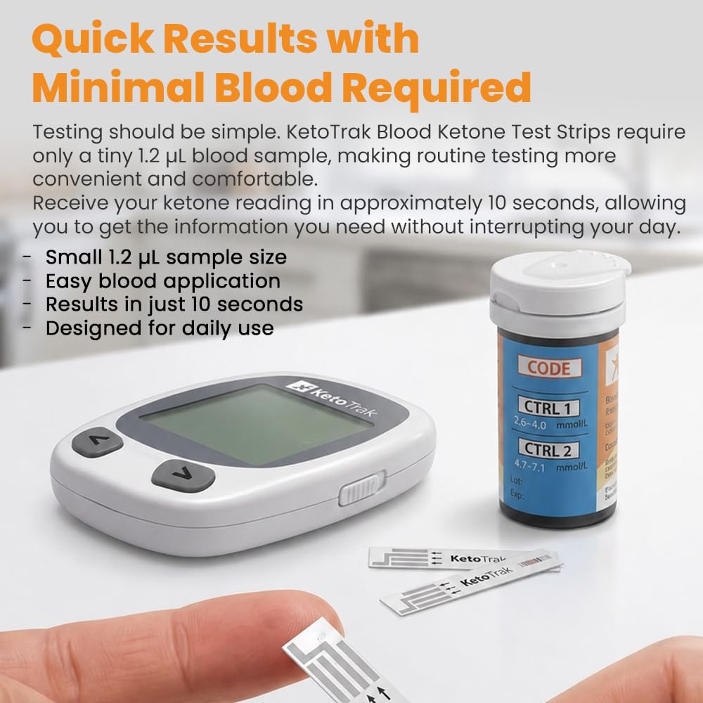 KetoTrak tira insertada en medidor mostrando resultado rápido