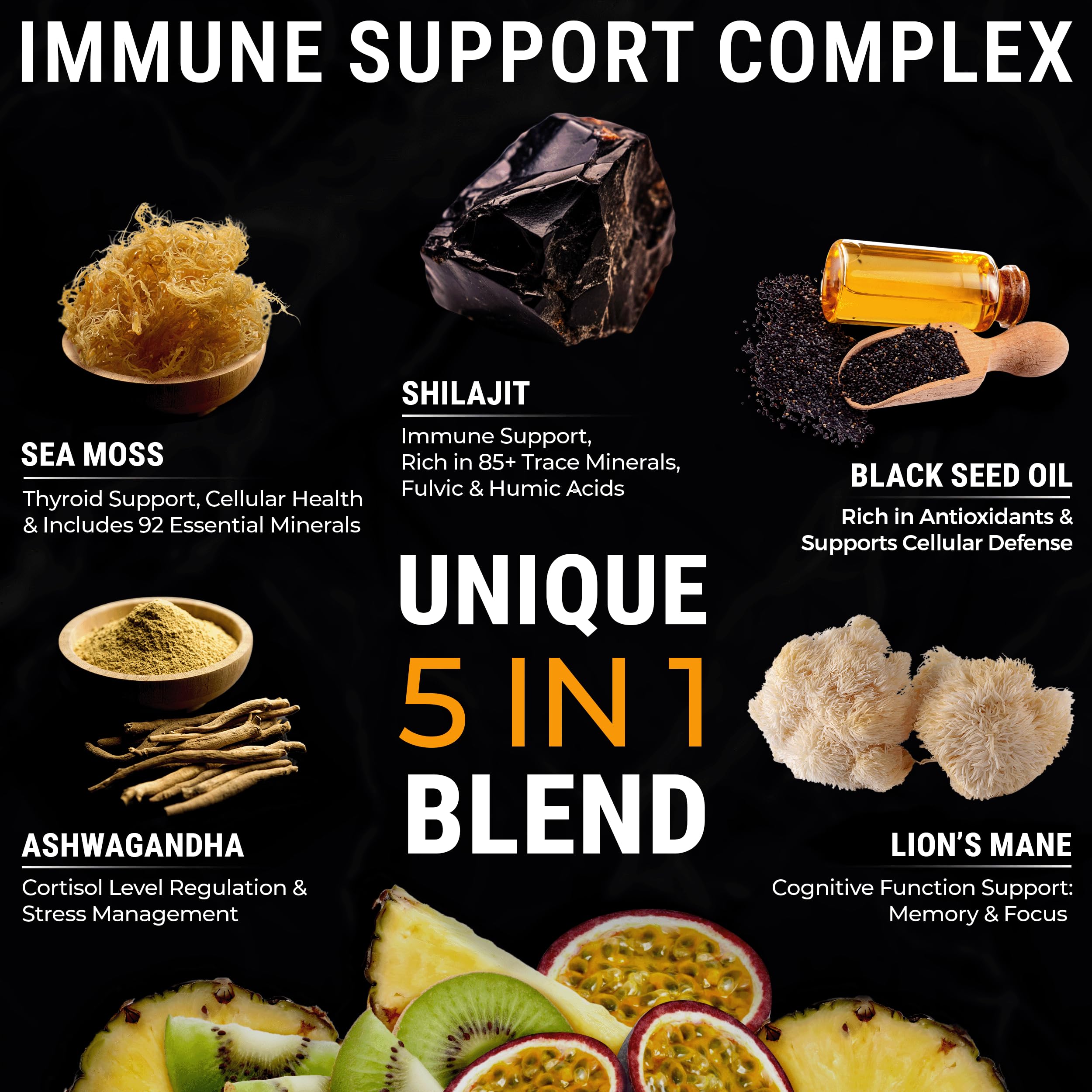 KEY ELEMENTS ingredientes secos: shilajit, sea moss y hierbas visibles