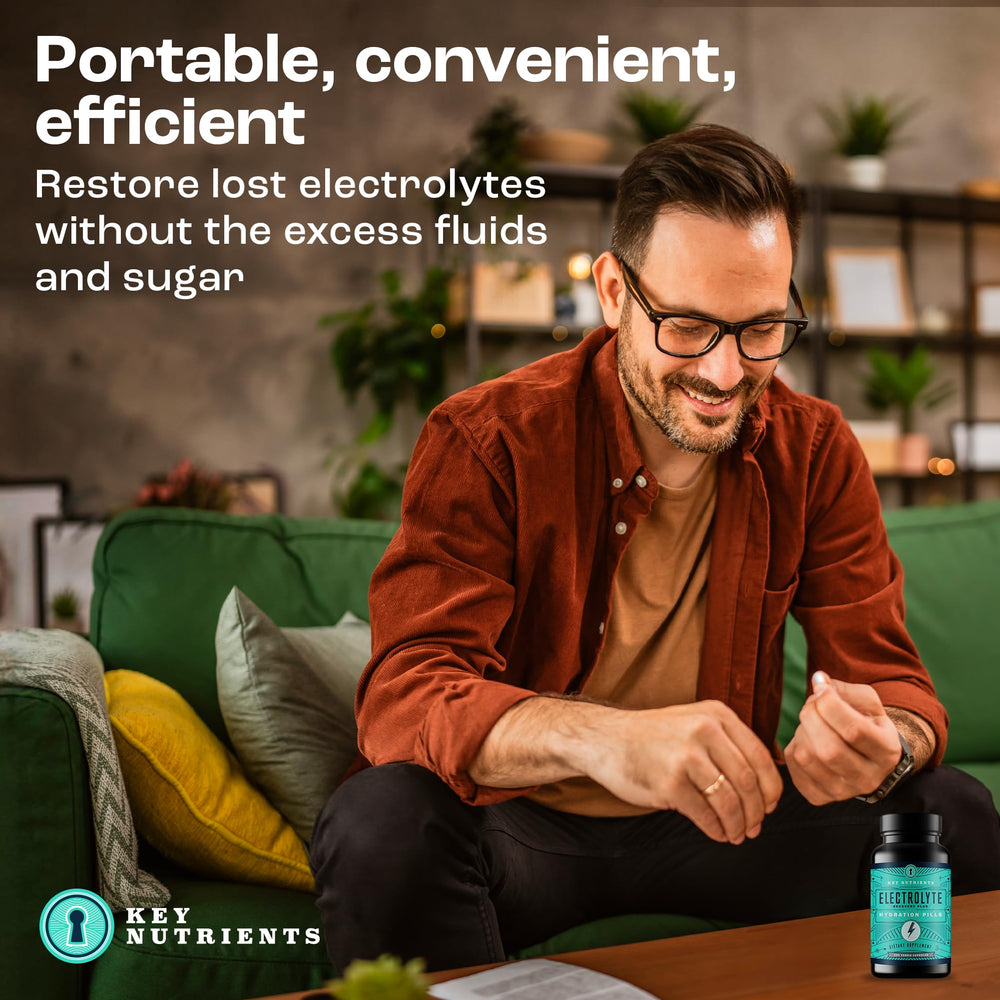 KEY NUTRIENTS etiqueta con lista de electrolitos y beneficios visibles