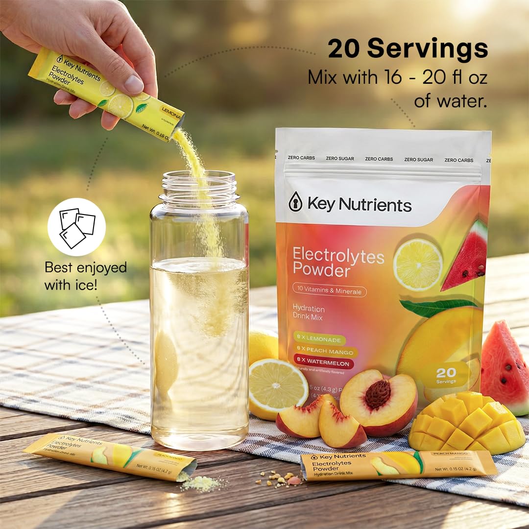 KEY NUTRIENTS estilo de vida en playa ilustrando hidratación activa fuera de casa