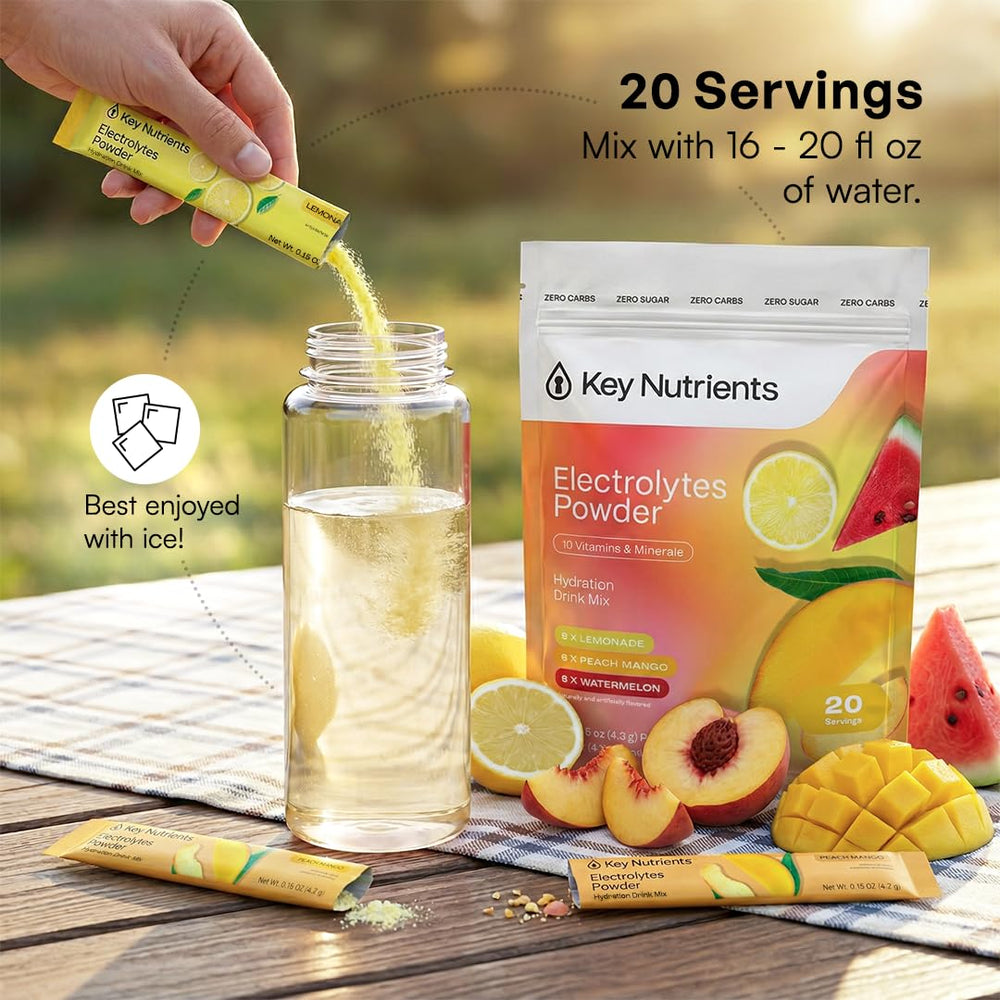 KEY NUTRIENTS estilo de vida en playa ilustrando hidratación activa fuera de casa