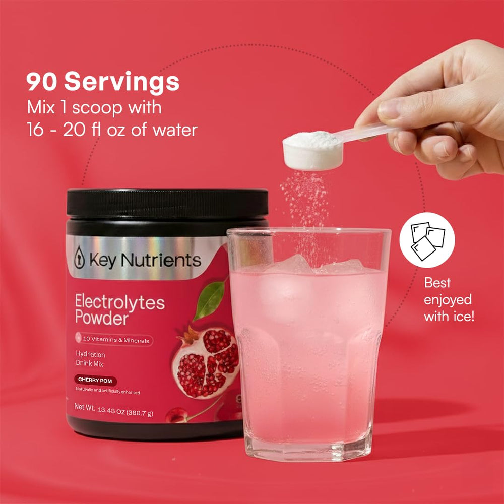 KEY NUTRIENTS etiqueta con lista de electrolitos y vitaminas visible