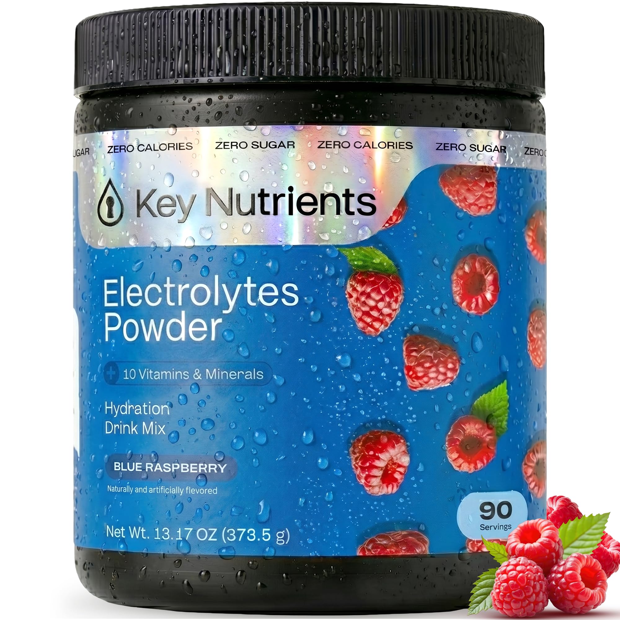 KEY NUTRIENTS frente del empaque mostrando 90 porciones y sabor blue raspberry