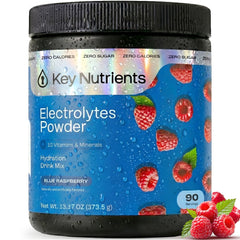 KEY NUTRIENTS frente del empaque mostrando 90 porciones y sabor blue raspberry