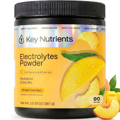 KEY NUTRIENTS envase frontal mostrando 90 porciones y sabor peach mango útil para planificación