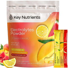 KEY NUTRIENTS frente del pack variedad mostrando 20 sobres y beneficios portátiles