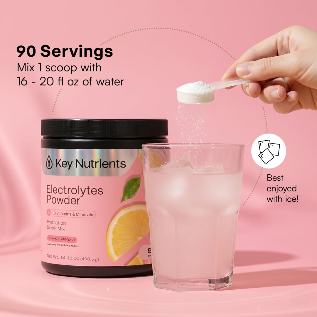 KEY NUTRIENTS etiqueta con lista de electrolitos y vitaminas visible