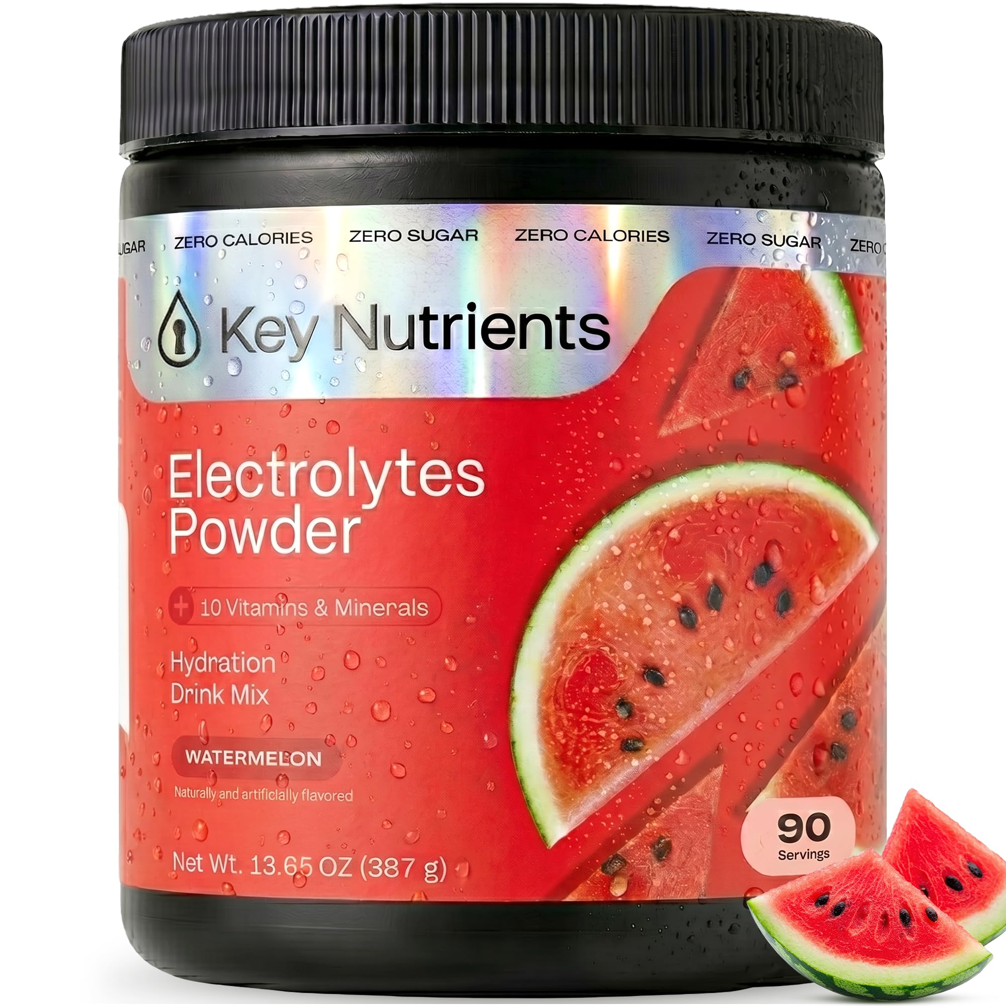 KEY NUTRIENTS lata frontal mostrando diseño y porciones para hidratación rápida