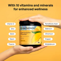 KEY NUTRIENTS cucharada con polvo que muestra la porción exacta y uso práctico