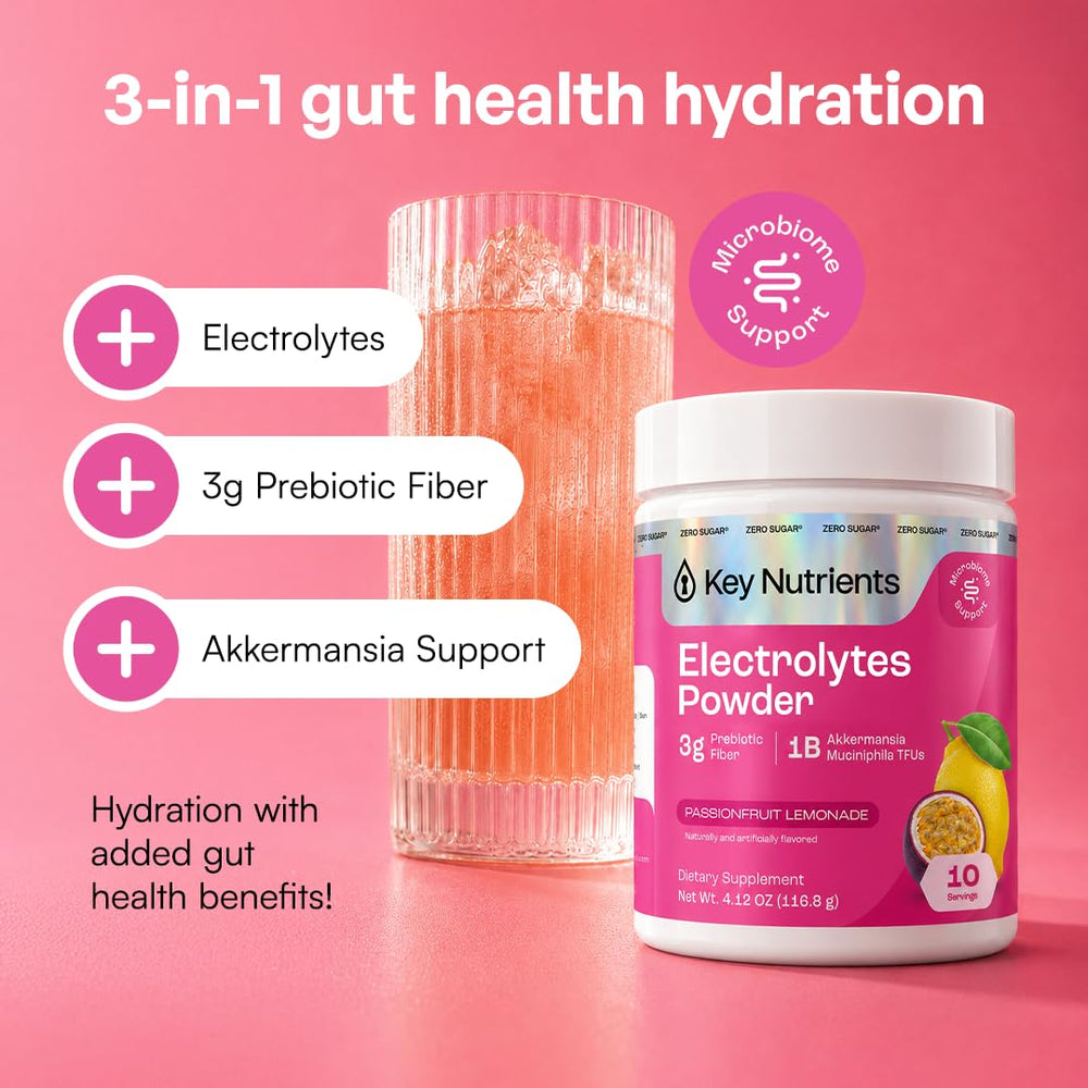 KEY NUTRIENTS sobre abierto con polvo listo para mezclar, práctico
