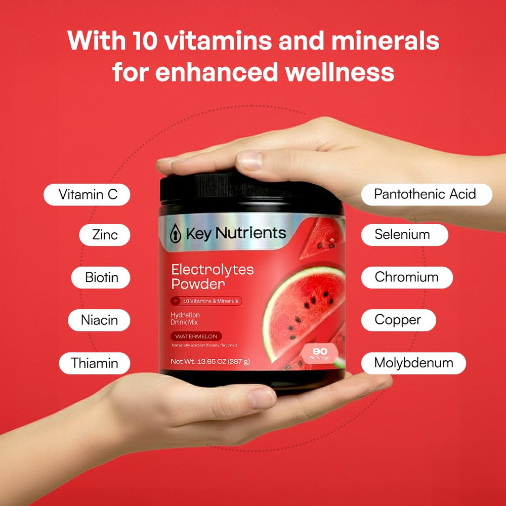 KEY NUTRIENTS junto a una botella para comparar tamaño y cantidad de porciones