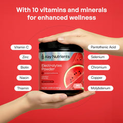 KEY NUTRIENTS junto a una botella para comparar tamaño y cantidad de porciones