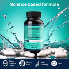 KEY NUTRIENTS persona en caminata tomando cápsula, hidratación sin azúcar