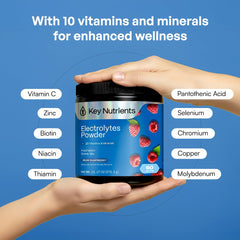 KEY NUTRIENTS vaso preparado color azul raspberry listo para beber después de ejercicio