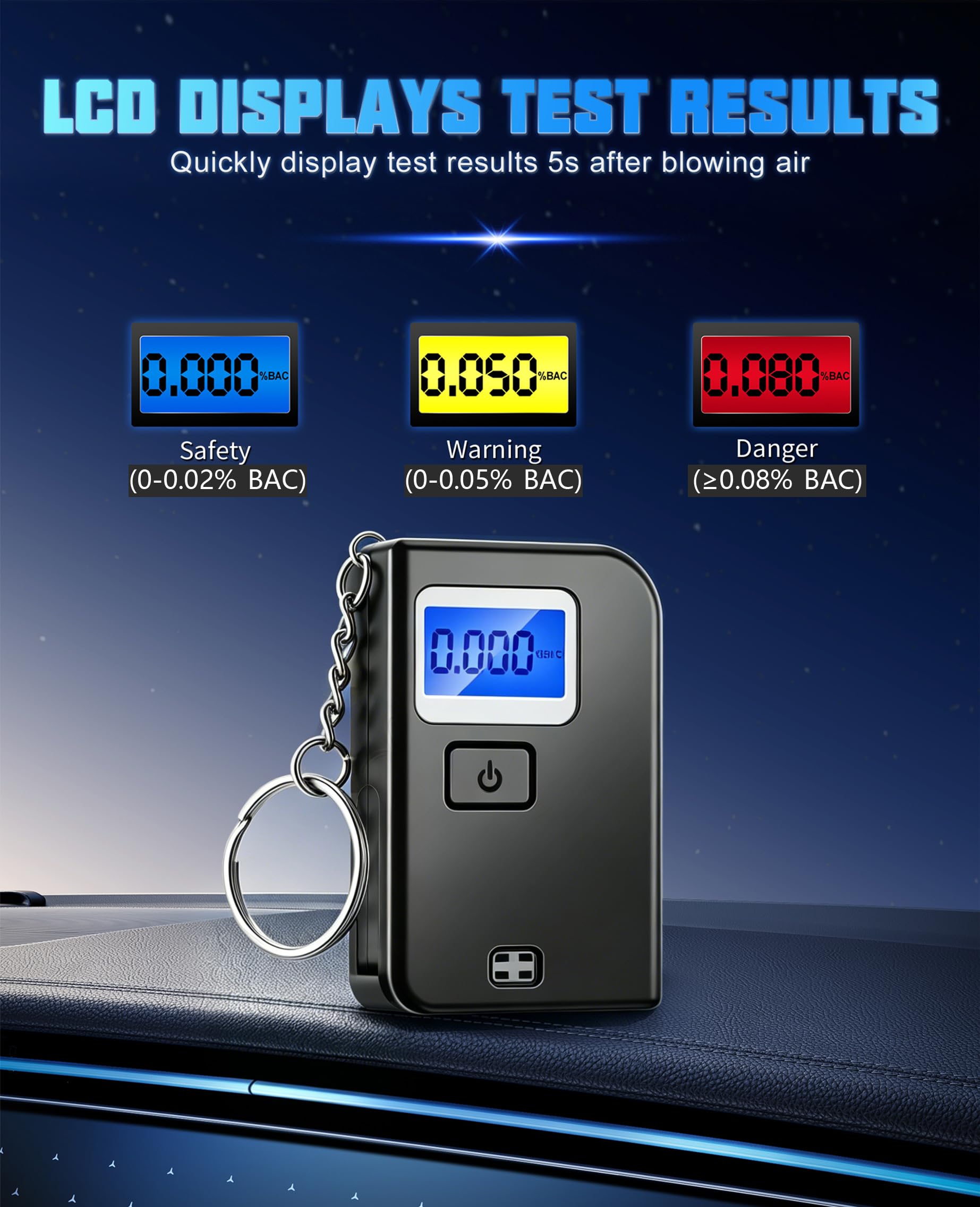 Keychain Breathalyzer detalle del sensor semiconductor, precisión mejorada