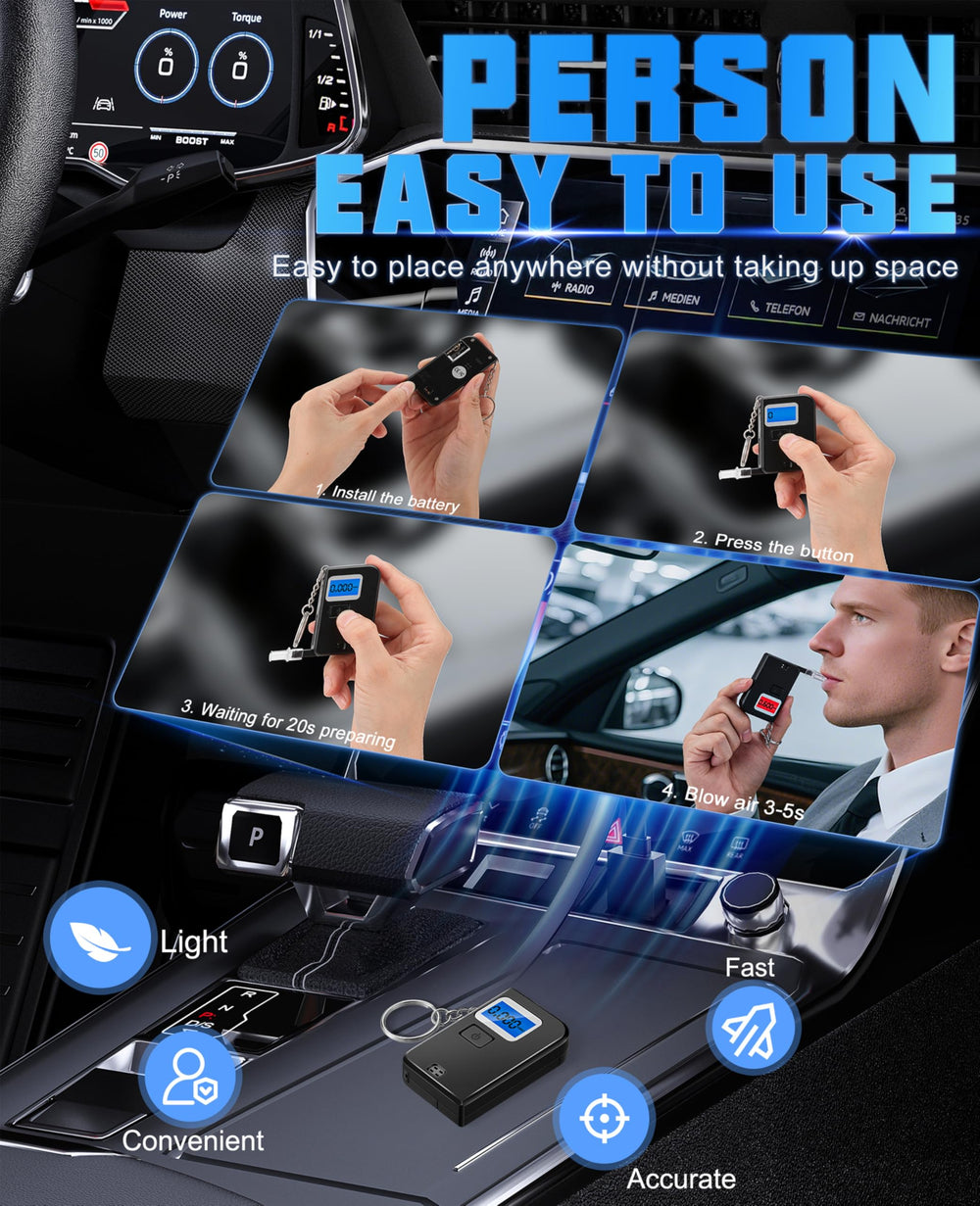 Keychain Breathalyzer en uso en fiesta, ayuda a decisiones responsables