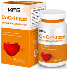 KFG envase frontal mostrando CoQ10 400mg y beneficio cardiovascular