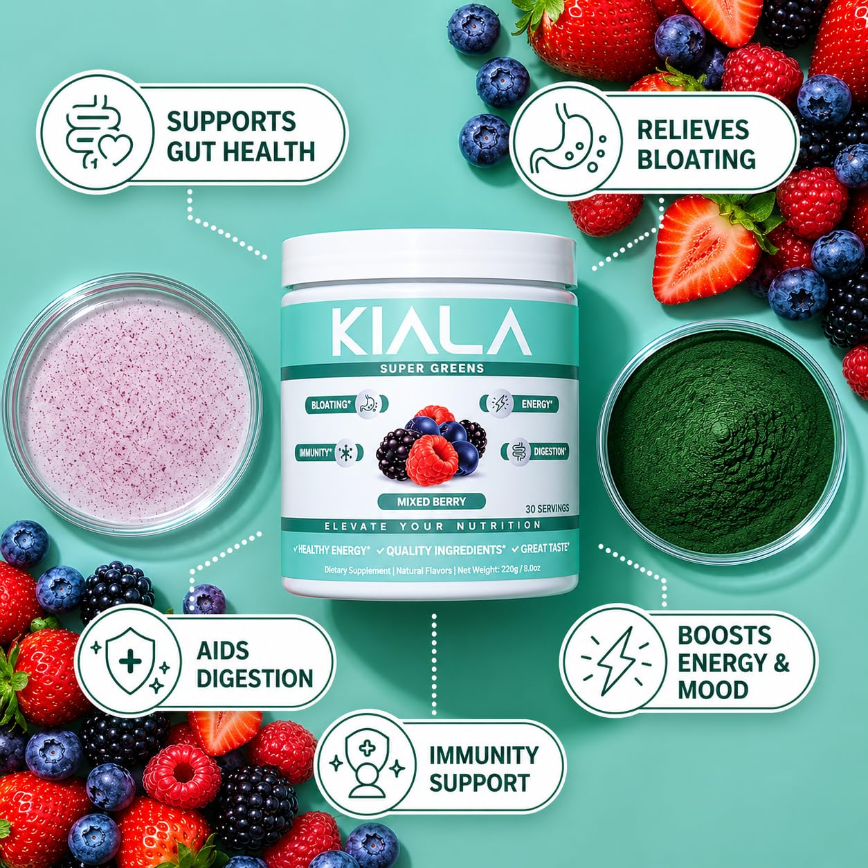 Kiala Nutrition etiqueta con lista de ingredientes y detalles nutricionales claros