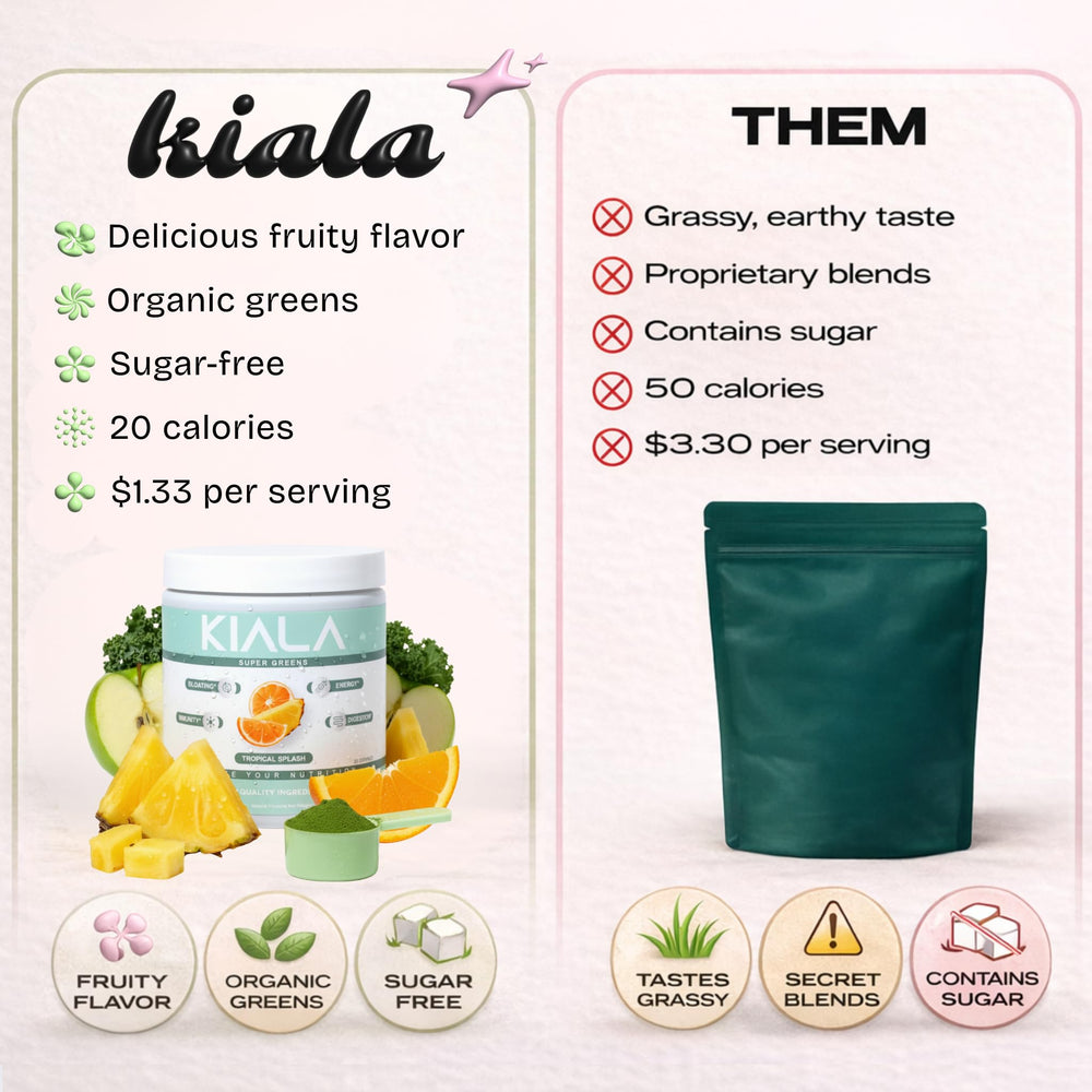 Kiala Nutrition ingredientes frescos como spirulina, chlorella y kale juntos