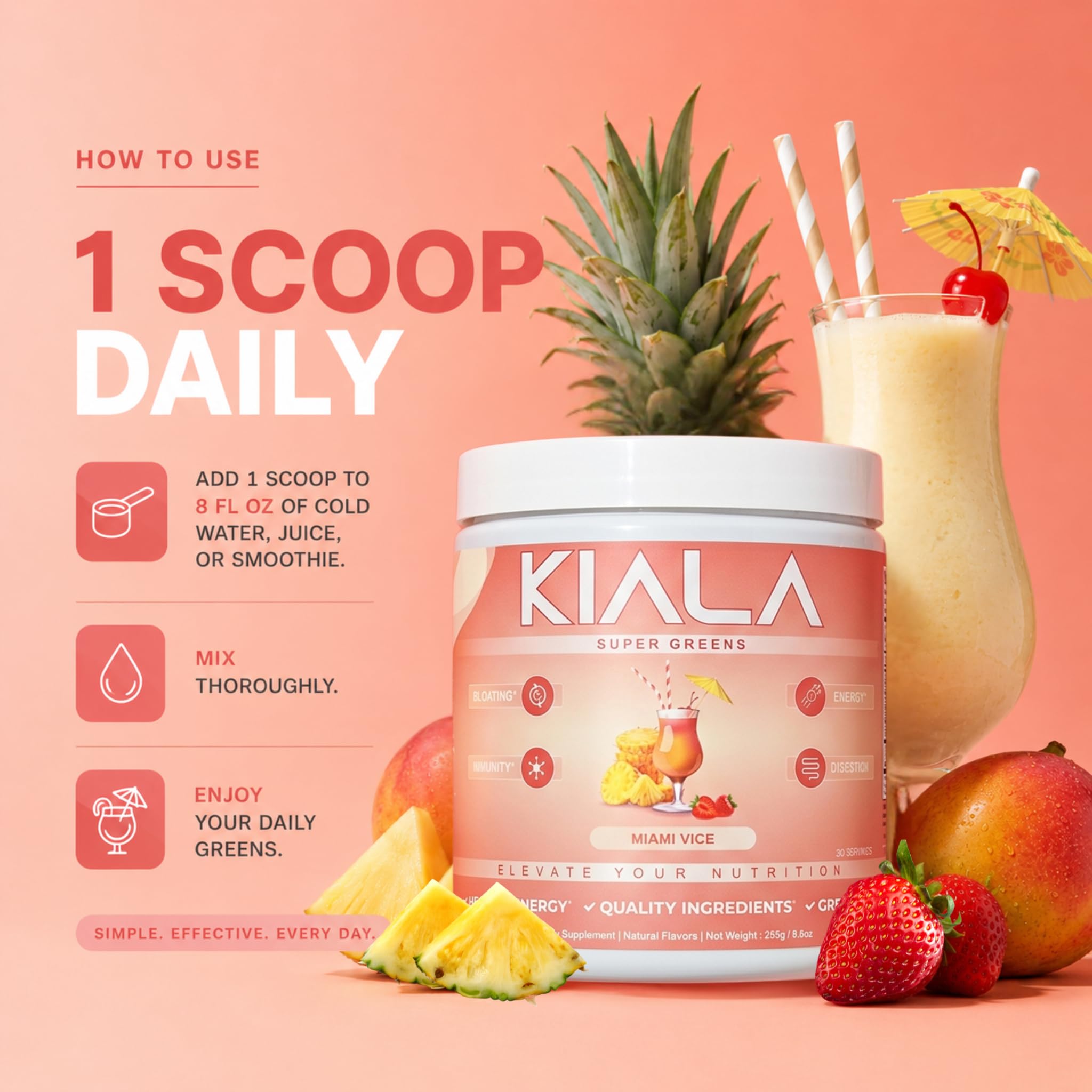 Kiala Nutrition etiqueta de ingredientes mostrando Spectra y algas reconocidas