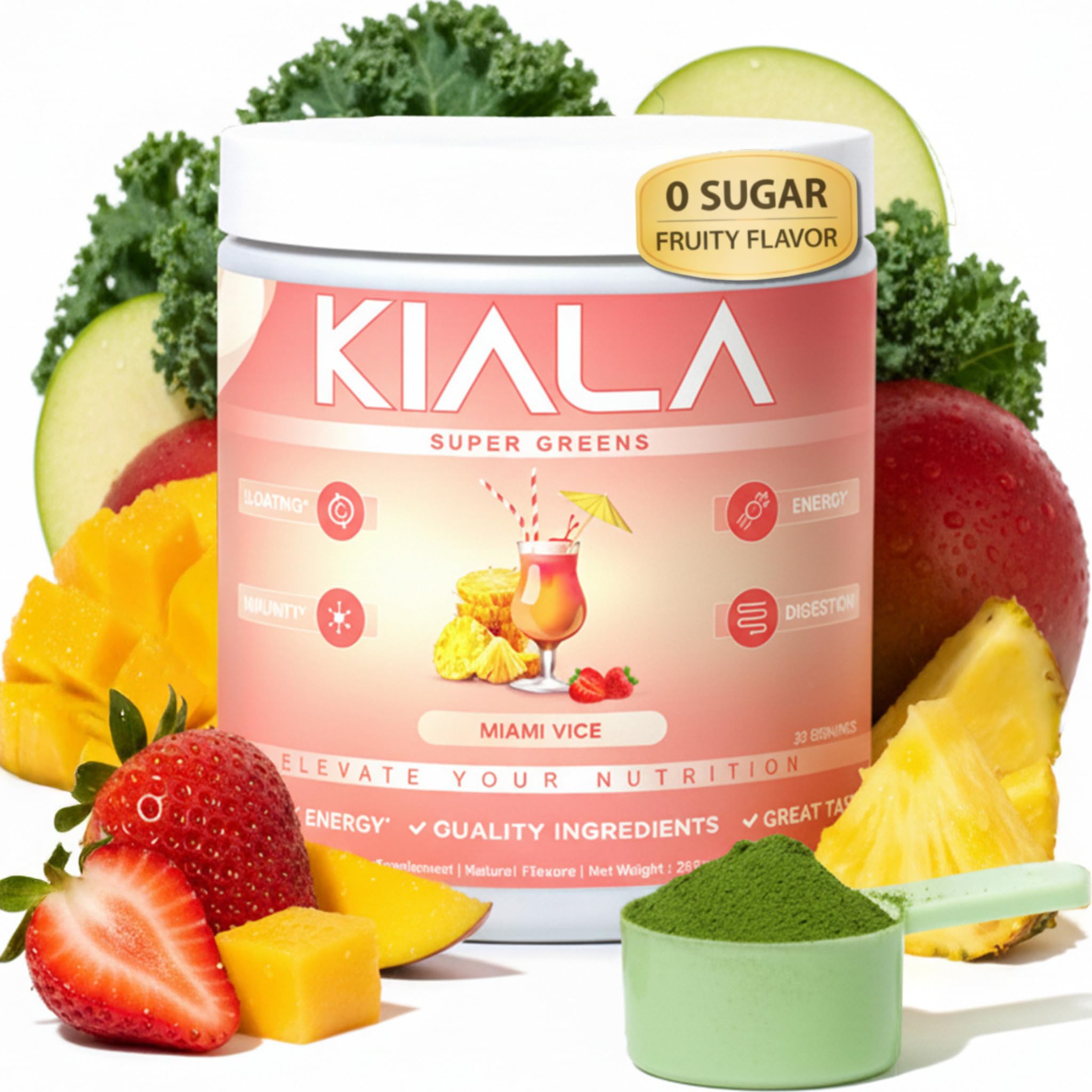 Kiala Nutrition vista frontal del envase que destaca sabor Miami Vice y beneficios