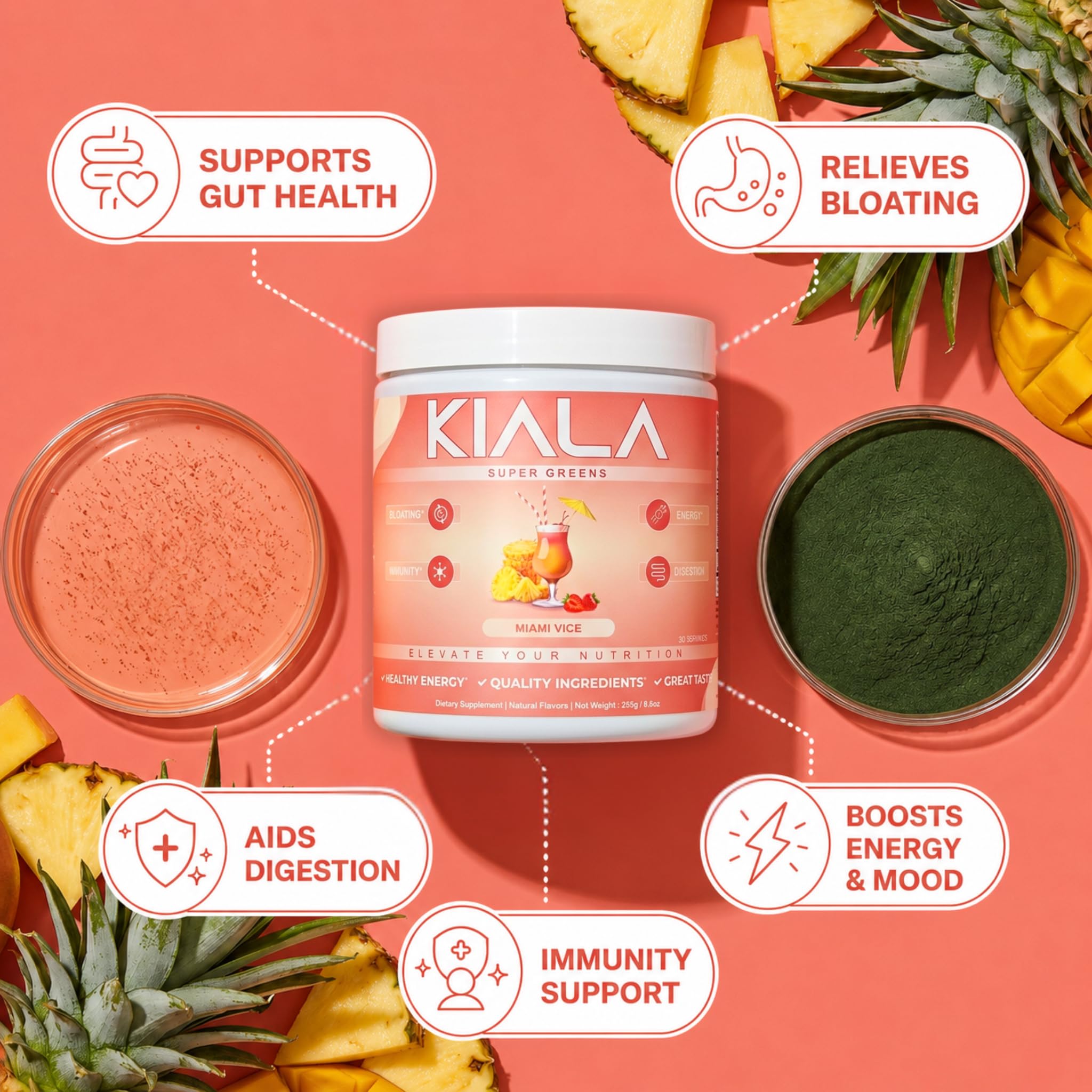 Kiala Nutrition textura del polvo verde mostrando mezcla fina y fácil disolución