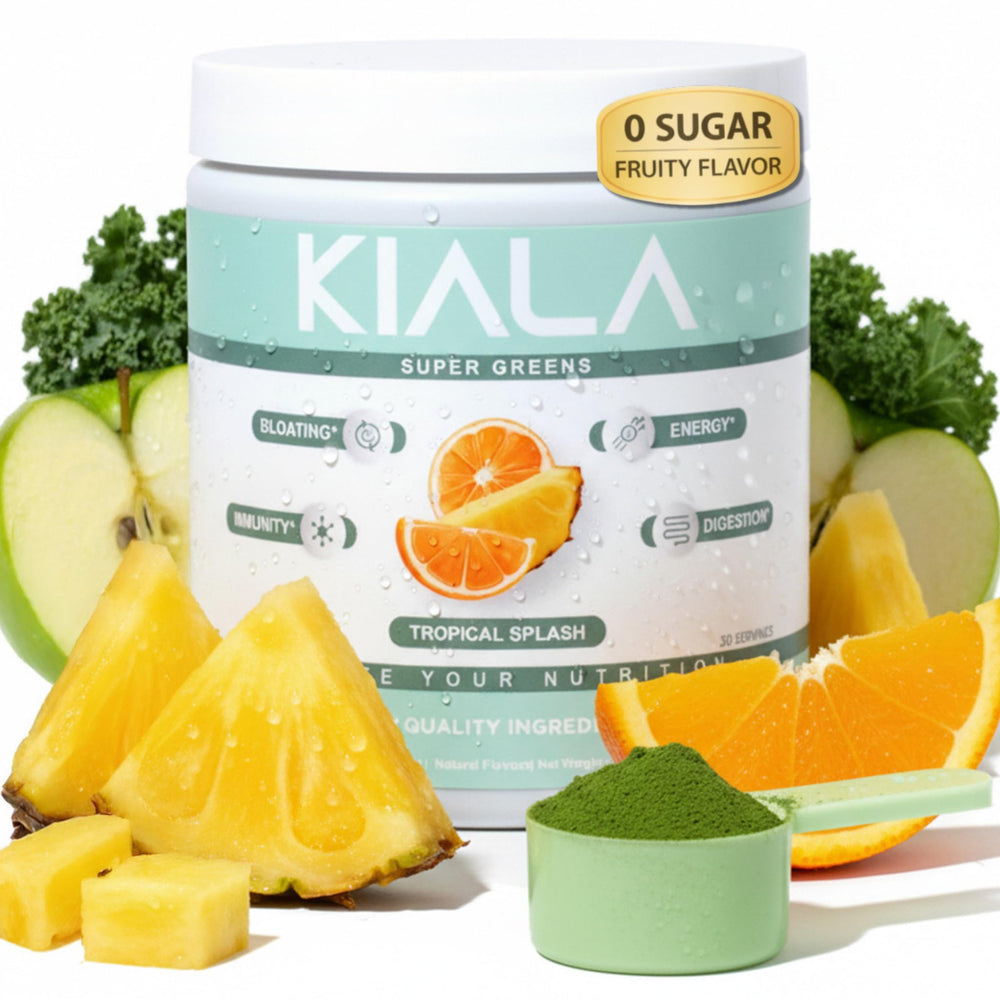 Kiala Nutrition envase frontal Tropical Splash mostrando 30 servicios y beneficios