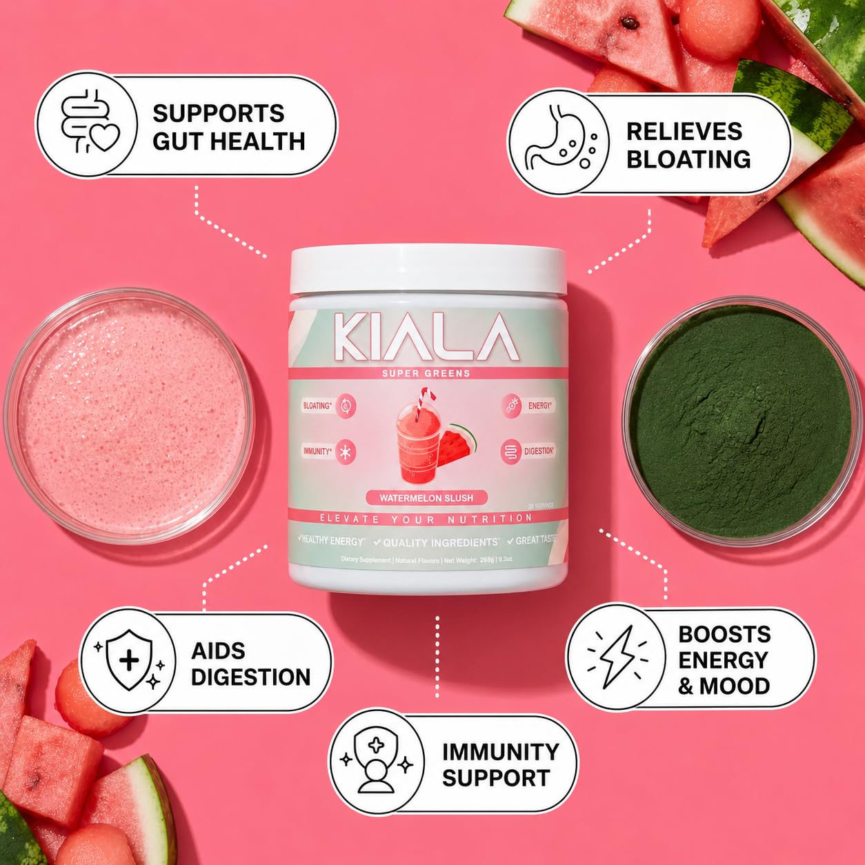 Kiala Nutrition vaso con batido Watermelon Slush refrescante y apetitoso