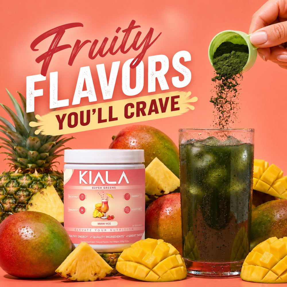 Kiala Nutrition vaso preparado frío con color tropical, refresca y nutre