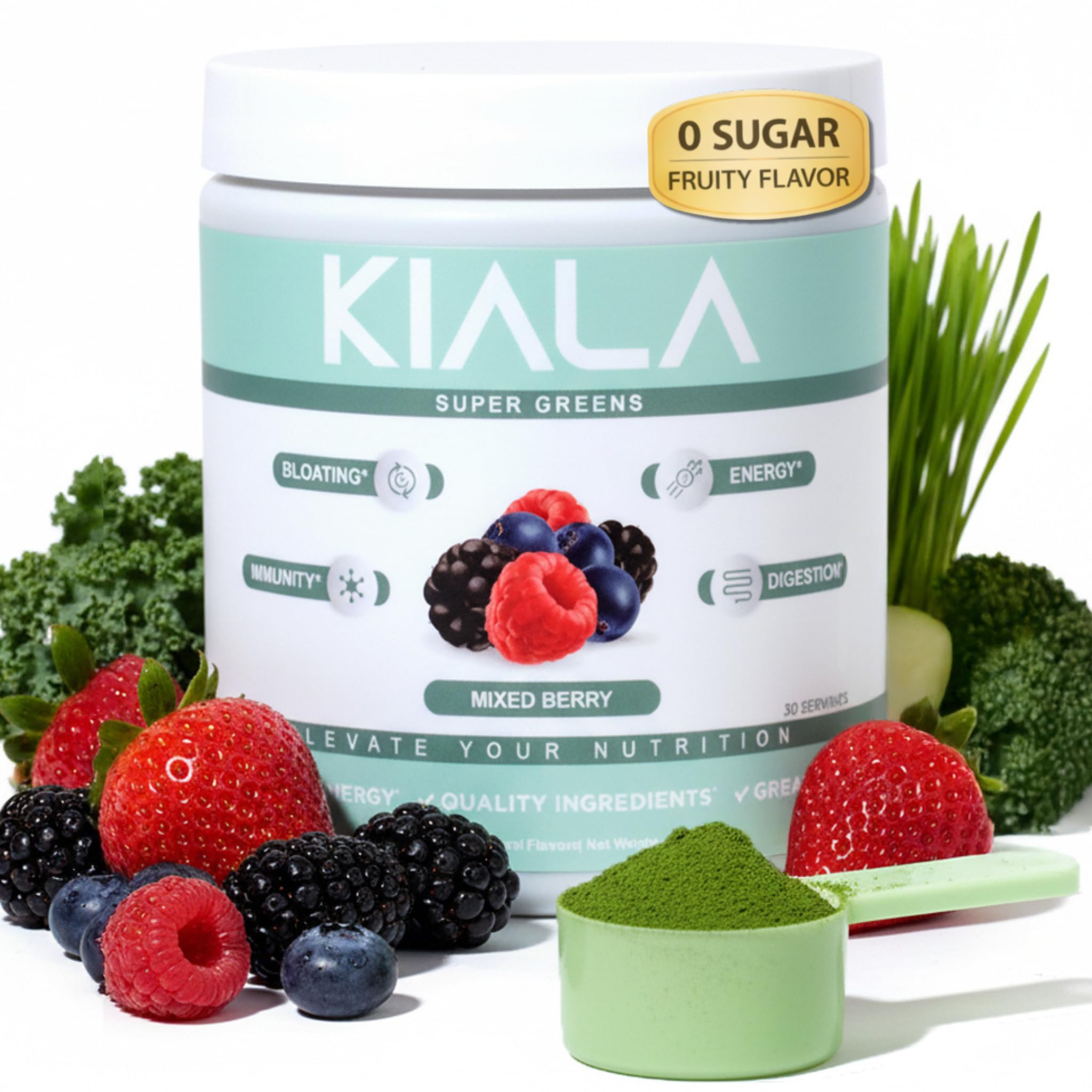 Kiala Nutrition envase frontal con diseño Mixed Berry y beneficios visibles