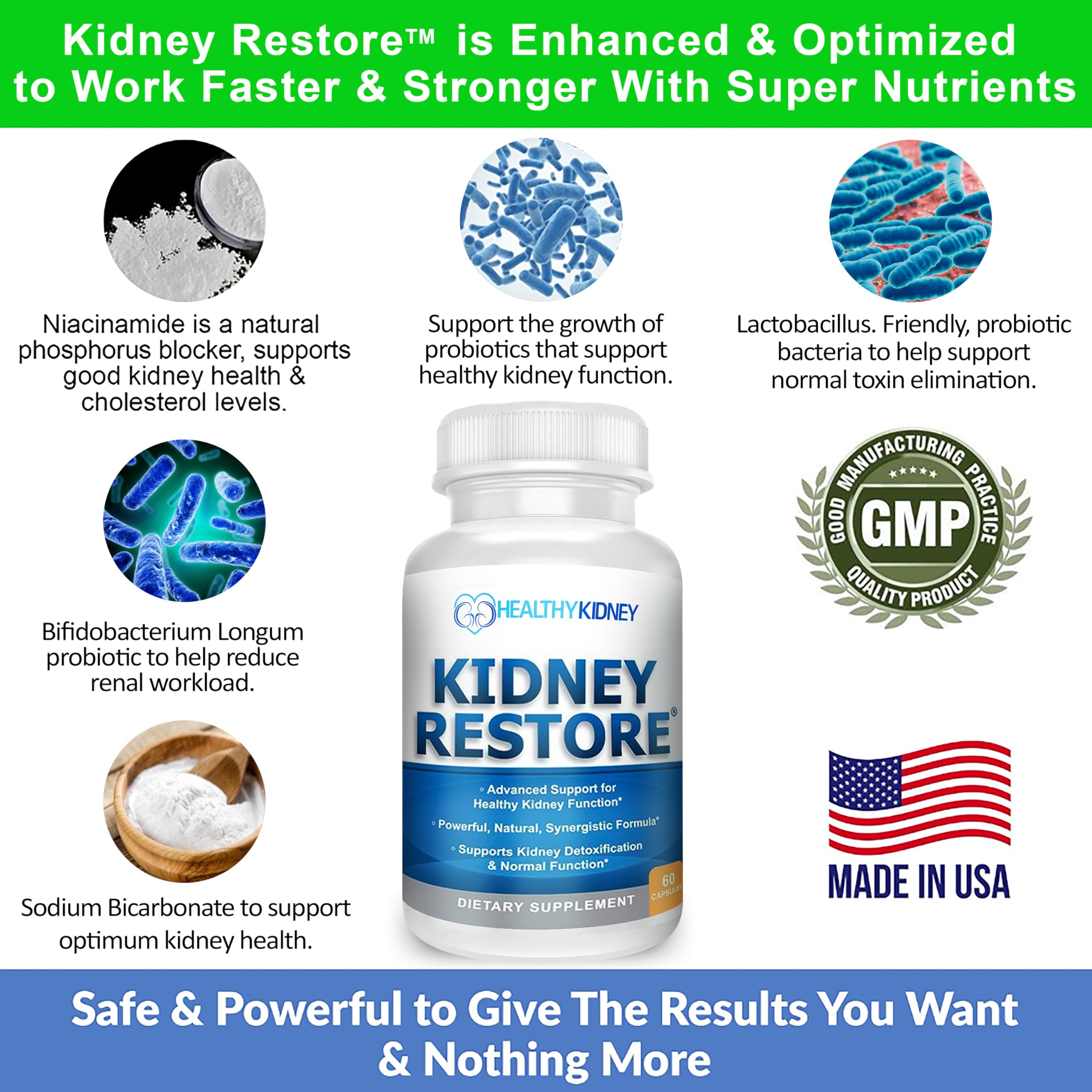 Primer plano de ingredientes probióticos de Kidney Restore promoviendo equilibrio intestinal