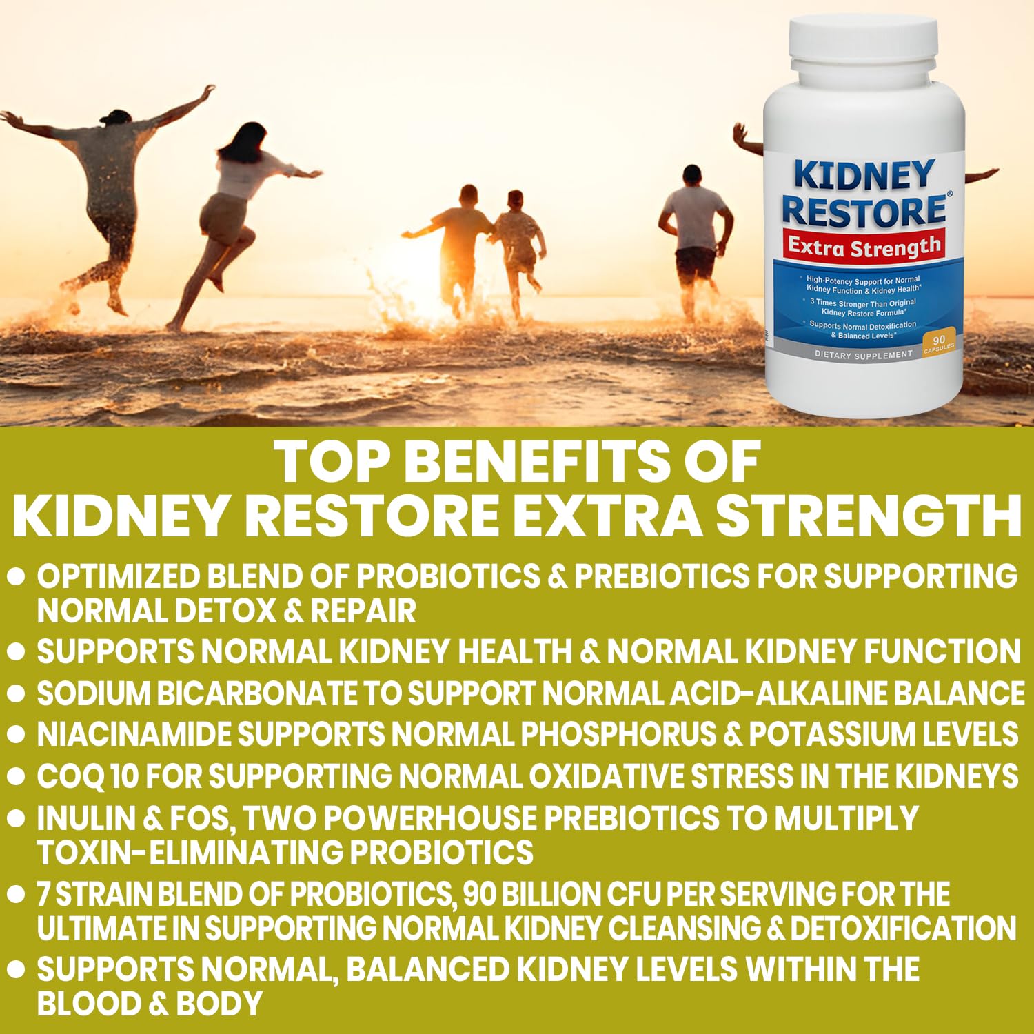 Detalle de ingredientes Kidney Restore enfatizando probióticos y bicarbonato