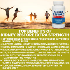 Detalle de ingredientes Kidney Restore enfatizando probióticos y bicarbonato