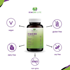 Kimchi Life cápsulas junto a ingredientes vegetales que resaltan origen vegetal
