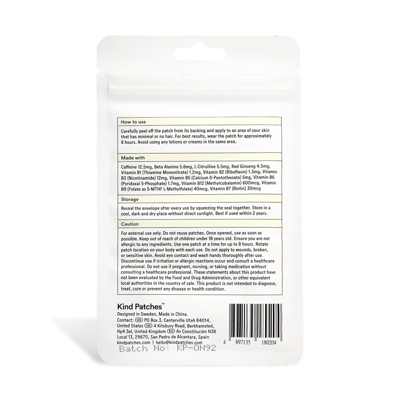 Kind Patches etiqueta con ingredientes como ginseng, L-citrulina y guaraná