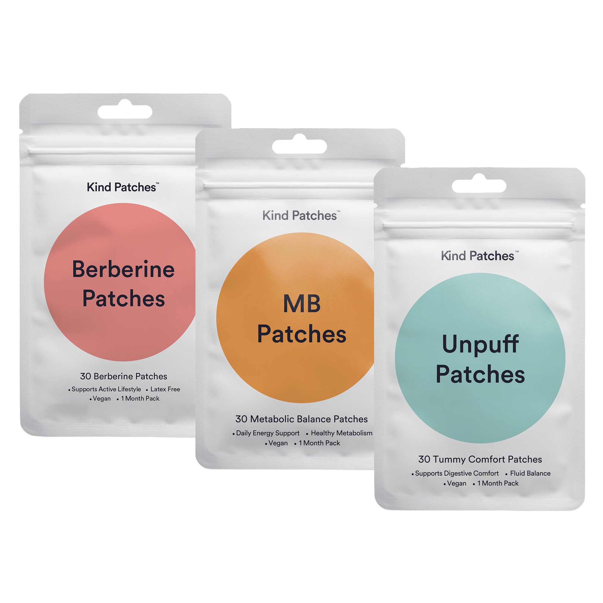 Kind Patches packaging frontal mostrando las tres fórmulas y conveniencia