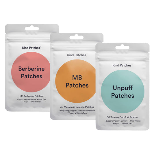 Kind Patches packaging frontal mostrando las tres fórmulas y conveniencia