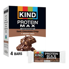 KIND empaque frontal de Protein MAX Dark Chocolate Crisp mostrando 4 barras y beneficios