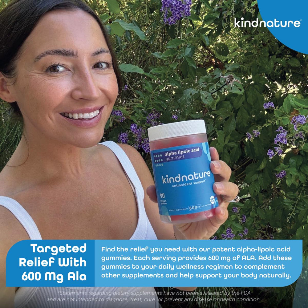 kindnature alfa-lipoico gomitas 600 mg, frasco con tapa y etiqueta legible