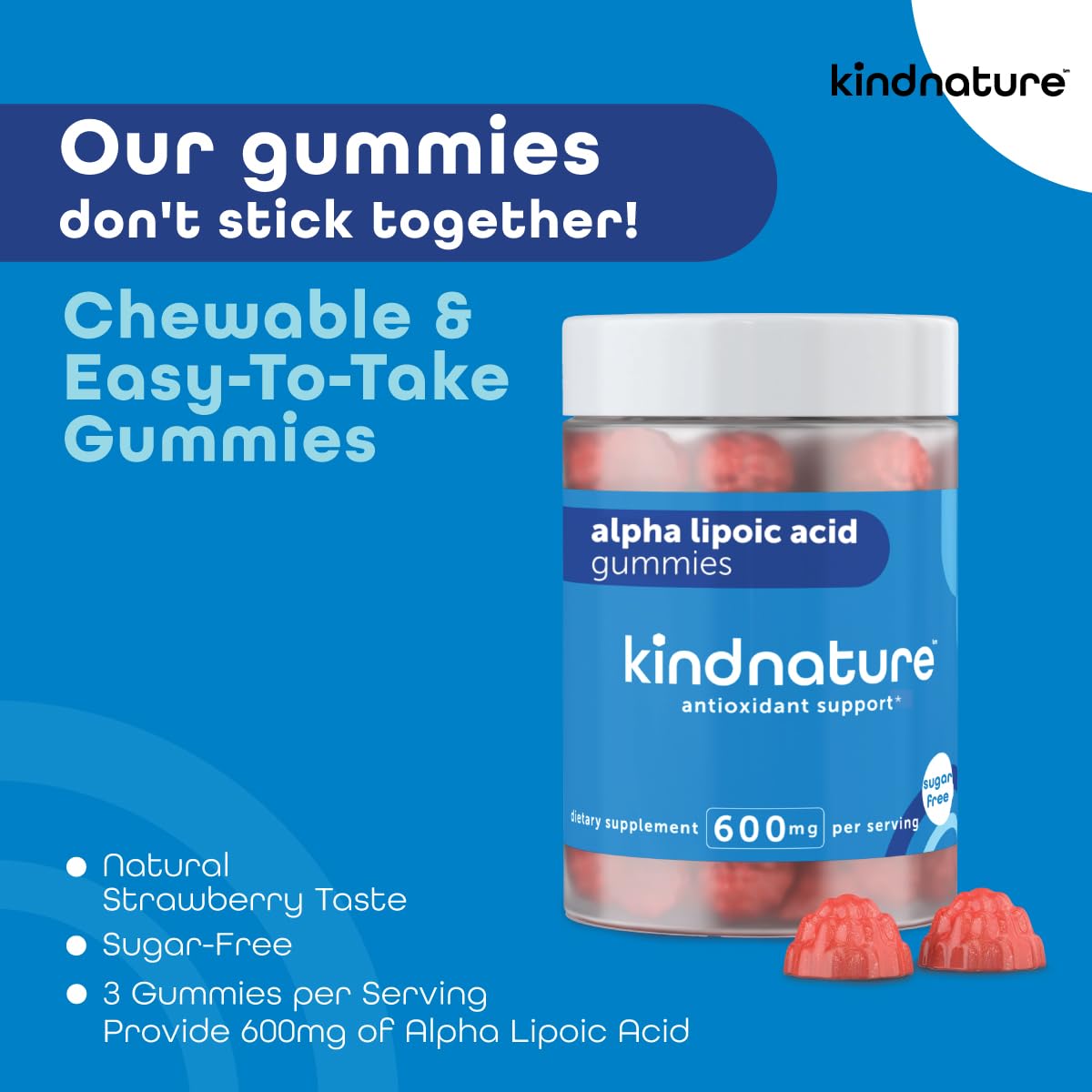kindnature alfa-lipoico gomitas 600 mg, textura suave para ingesta cómoda