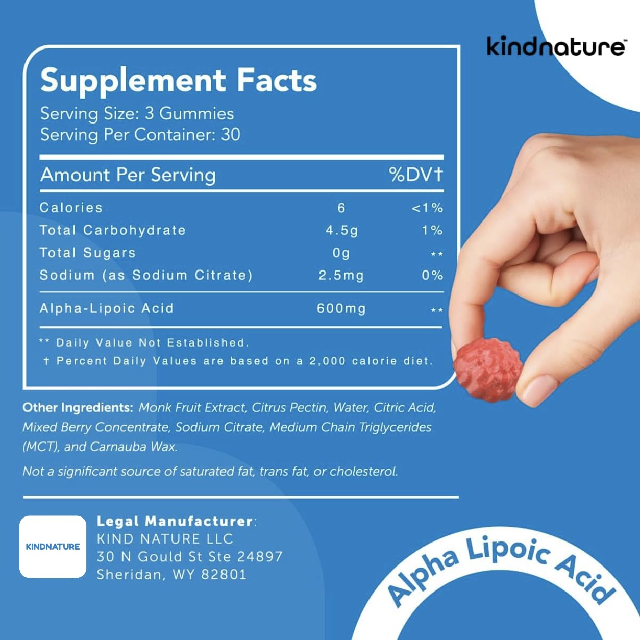 kindnature alfa-lipoico gomitas 600 mg, uso diario recomendado para apoyar la nutrición