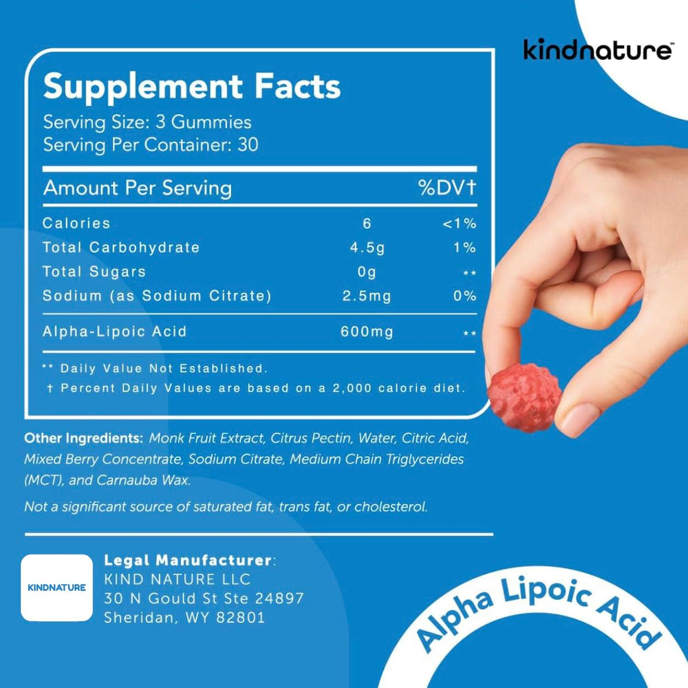 kindnature alfa-lipoico gomitas 600 mg, uso diario recomendado para apoyar la nutrición