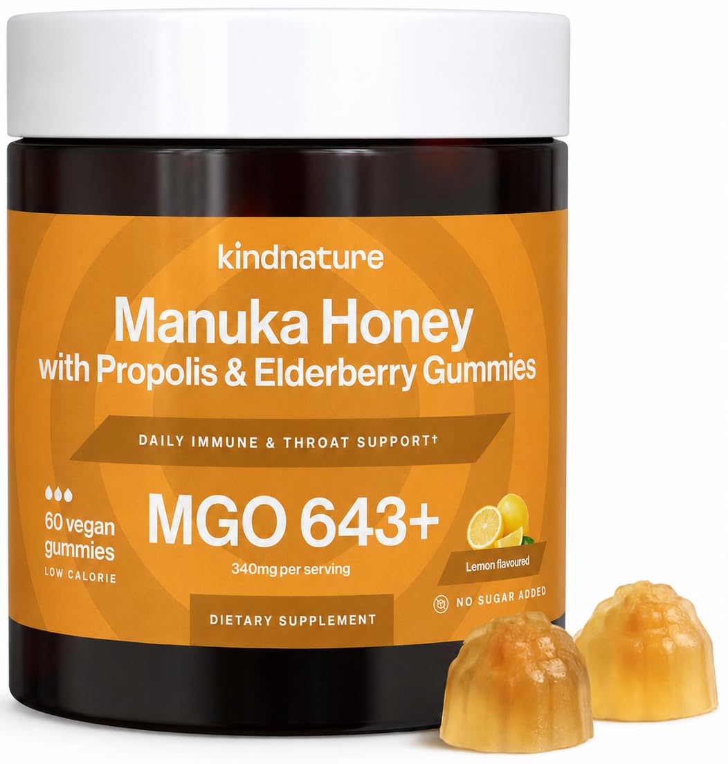 Envase frontal kindnature de gominolas Miel Manuka MGO 643+ mostrando diseño y beneficios