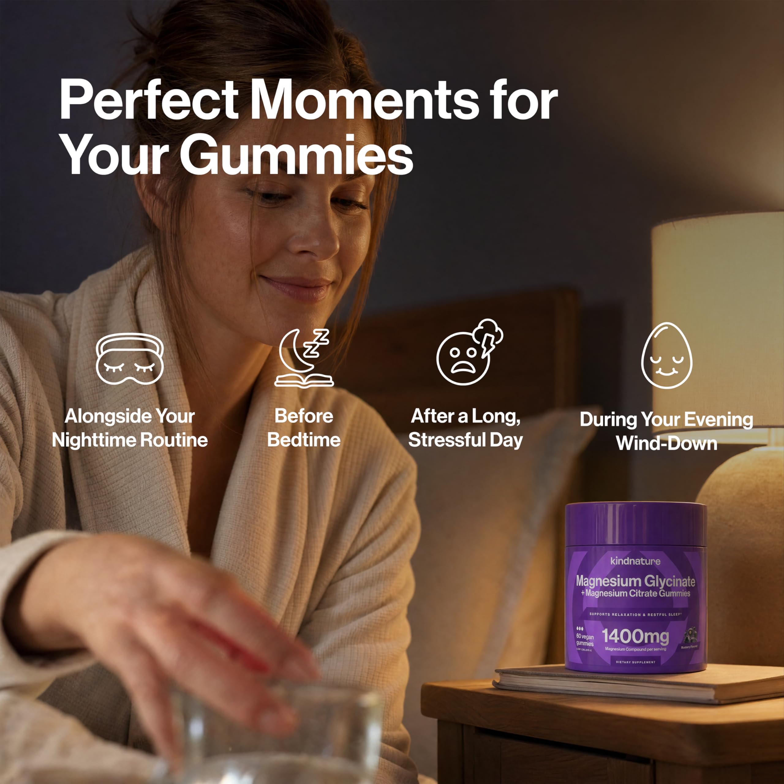 kindnature gomitas sobre mesita nocturna, apoyo para la rutina del sueño