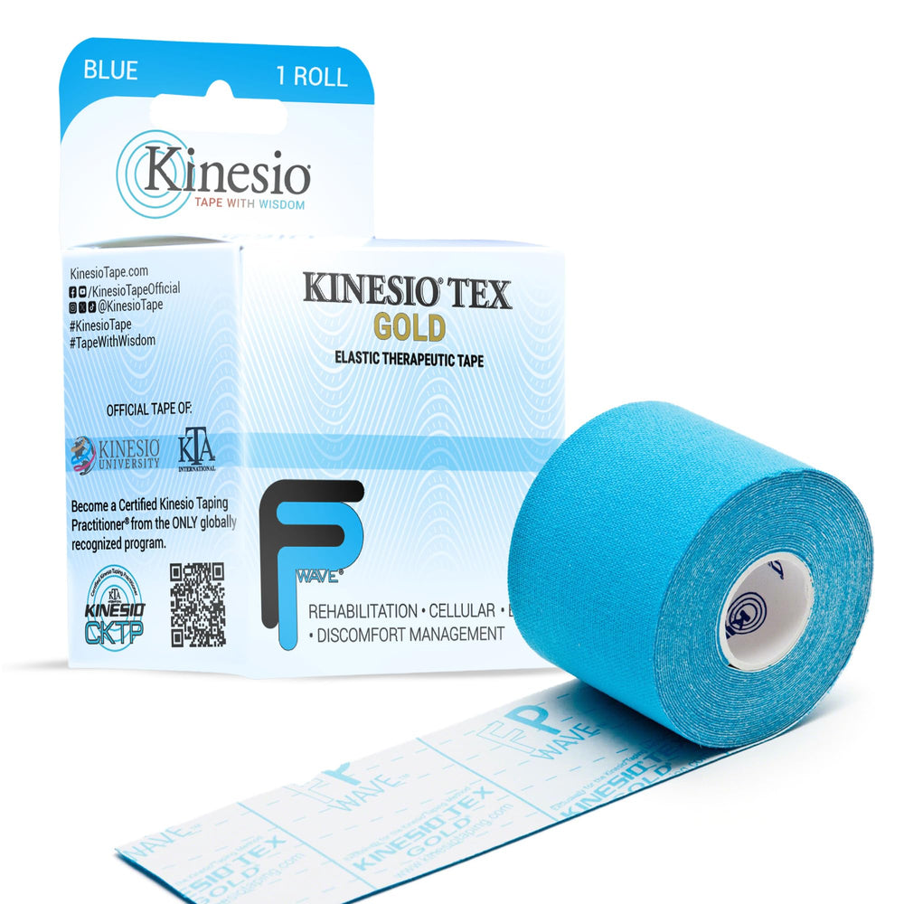 Kinesio paquete frontal Tex Gold FP azul mostrando presentación y beneficios visibles