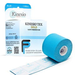 Kinesio paquete frontal Tex Gold FP azul mostrando presentación y beneficios visibles